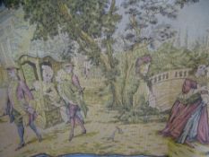 UNFRAMED BELGIUM TAPESTRY PANEL - elegant figures in the grounds of exotic buildings, 47 x 132cms