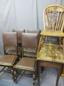 SINGLE DROP-LEAF ANTIQUE OAK TABLE, four later rexine seated chairs with carved detail, a stick back