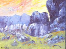 ANN FELLOWS box frame oil on canvas - titled 'Mountain Sunset', signed, 28 x 35.5cms