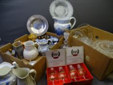 MIXED STAFFORDSHIRE POTTERY JUGS, a good parcel, a large blue and white jug (Windsor Castle?) and