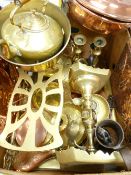 BRASS & COPPERWARE - an assortment including candle holders, a kettle stand ETC and a quantity of LP