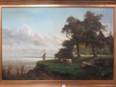 HENRI PIERON fine oil on canvas - continental coastal or riverscape with two cattle sheltering