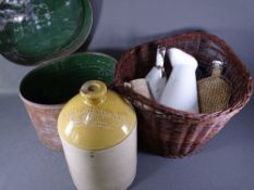 VINTAGE ENAMEL, stoneware flagon marked 'Dickson & Co' (Alloa) Ltd within a wicker basket and a