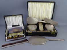 SILVER DRESSING TABLE HAND MIRROR & BRUSH SET (four) and two cased brush and comb sets, various