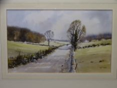 R WITCHARD watercolour - rural lane with farmstead and two figures on a track, signed, 23 x 39cms