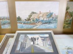 J JONES watercolours - four unframed but mounted North Wales rural scenes, 35 x 53cms and M SLOCOMBE