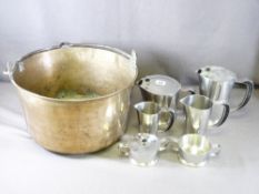 BRASS JAM PAN with iron swing handle, 37cms diameter and a quantity of Hotel service type ware