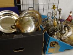 SILVERPLATE to include goblets, trays, candlesticks, a pair of peacocks, a desk tidy ETC