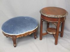 REPRODUCTION MAHOGANY TWO-TIER DISPLAY STAND and upholstered top foot stool