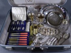 MIXED EPNS, brass and glassware within a vintage suitcase