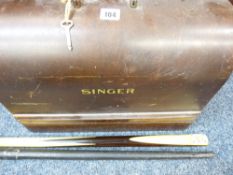 JOE DAVIS CASED SNOOKER CUE and a wooden cased Singer sewing machine