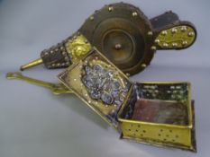 BRASS MOUNTED & STUDDED PAIR OF BELLOWS and a brass chestnut roaster