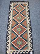 VEGETABLE DYE WOOL CHOBI KILIM RUNNER - stylish black and cream border with repeating diamond