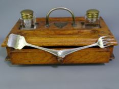 POLISHED DESK INK STAND with a pair of brass topped square glass bottles and narrow drawer with a