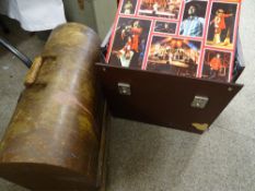 CASED SINGER SEWING MACHINE with key and a vintage vinyl record case with contents of mainly