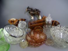 GLASSWARE, pressed and colourful and a selection of pottery shire horses, one with a cart