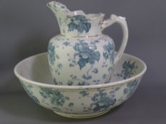 STAFFORDSHIRE POTTERY TOILET JUG & BASIN, green leaf decoration with gilt lining