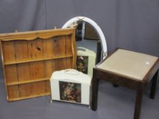 FOUR VINTAGE FURNITURE ITEMS including a small stripped pine wall rack, rectangular oak stool,