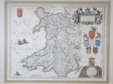 JOAN BLAEU coloured and tinted map of Wales, 39 x 52cms