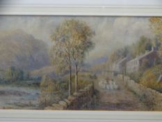 SAMUEL PRIDE watercolour - North Wales rural scene with cottages and figure with sheep on a track,