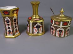 THREE ROYAL CROWN DERBY 1128 PATTERN CABINET ITEMS to include a hand bell, preserve pot with gilt