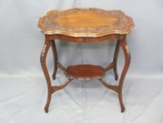 CARVED TOP MAHOGANY TWO-TIER SIDE TABLE with shaped top on swept supports, 73cms H, 73cms W, 54cms
