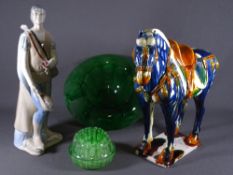 GREEN CLOUD GLASS, Tang style horse, porcelain mandolin player, the horse oriental style finished in