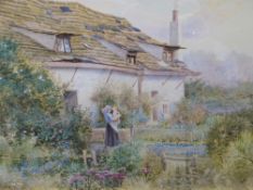 ROBERT H WALKER watercolour - rural scene with cottage and woman and baby in the garden, signed