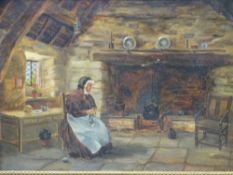 LATE 19TH CENTURY BRITISH SCHOOL primitive oil on canvas - bonneted seated lady beside a farmstead
