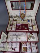 AS NEW BURGUNDY JEWELLERY CASE & CONTENTS including Norway, Sterling and enamel, Victorian and later