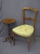 VICTORIAN WALNUT SIDE CHAIR and a reproduction mahogany wine table, various measurements