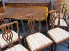 REPRODUCTION MAHOGANY DINING SUITE of long sideboard, 84cms H, 172cms W, 43cms D, twin pedestal