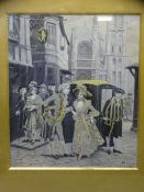 A PEREZ silkwork print - well dressed figures in a continental street scene, 23 x 19cms