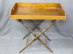 VICTORIAN MAHOGANY BUTLER'S TRAY ON STAND, the twin-handled tray, 83.5cms W x 50.5cms D on a