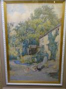 RALPH W BARDILL (RCA) watercolour - rural cottage and water mill with lady feeding poultry
