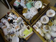 COMMEMORATIVE MUGS, two boxes and a box of mixed pottery and china jugs and teapots ETC