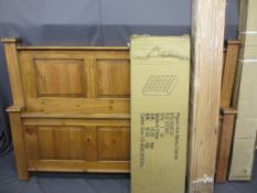 VINTAGE STYLE PINE 5' BED FRAME and a boxed pigeon hole media cabinet, 105cms H, 153cms W the