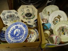 COMMEMORATIVE PLATES, two boxes and other items including a large pink lustre jug