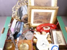 DRESSING TABLE GLASSWARE, Retro telephone, prints, vintage shop scales ETC, an assorted parcel