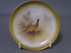 ROYAL WORCESTER - James Stinton pin dish, 9cms D, hand painted with pheasants in open brush land,
