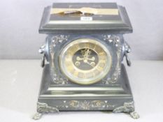 SLATE MANTEL CLOCK with lion head handles on paw feet, marked 'J Lomax & Sons, Manchester', 30cms H,