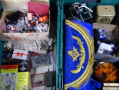 MIXED COLLECTABLES, sewing box and linen including vintage games and marbles, Art Deco style ceiling