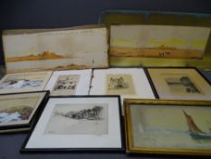 PARCEL OF SMALL ETCHINGS, prints, two small seascape scenes and two unframed watercolours 'River