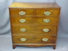 GEORGIAN MAHOGANY CHEST of two short over three long drawers having original blue lining paper and
