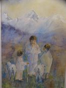 BIM (BERYL MARY) GIARDELLI watercolour - three children with two sheep on a landscape with snowy