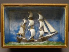 NAIVE CASED SHIP DIORAMA, 30cms H, 45.5cms W, 15.5cms D