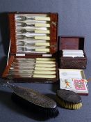 MIXED COLLECTABLES including two hallmarked silver brushes, cased EPNS fish knives and fork set