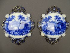 GENEVESE PATTERN WALL PLAQUES, a pair, by Edge Malkin & Co, Burslam, flow-blue style with gilt