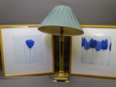 BRASS EFFECT TABLE LAMP with Corinthian column and a pair of contemporary prints