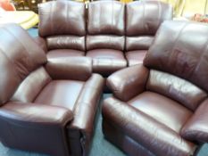 SHERBOURNE LEATHER THREE PIECE RECLINING SUITE - dark Maroon